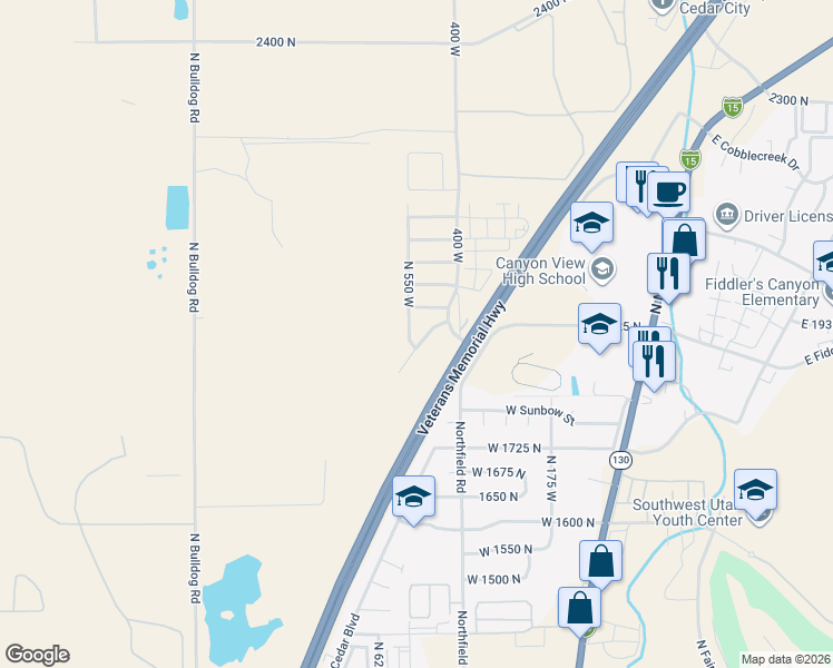 map of restaurants, bars, coffee shops, grocery stores, and more near 1600 North Access Road in Cedar City