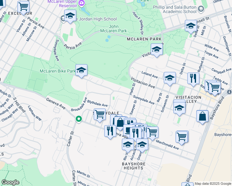 map of restaurants, bars, coffee shops, grocery stores, and more near 1659 Sunnydale Avenue in San Francisco