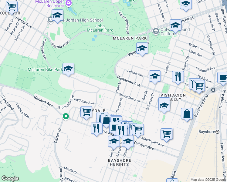 map of restaurants, bars, coffee shops, grocery stores, and more near 1508 Sunnydale Avenue in San Francisco