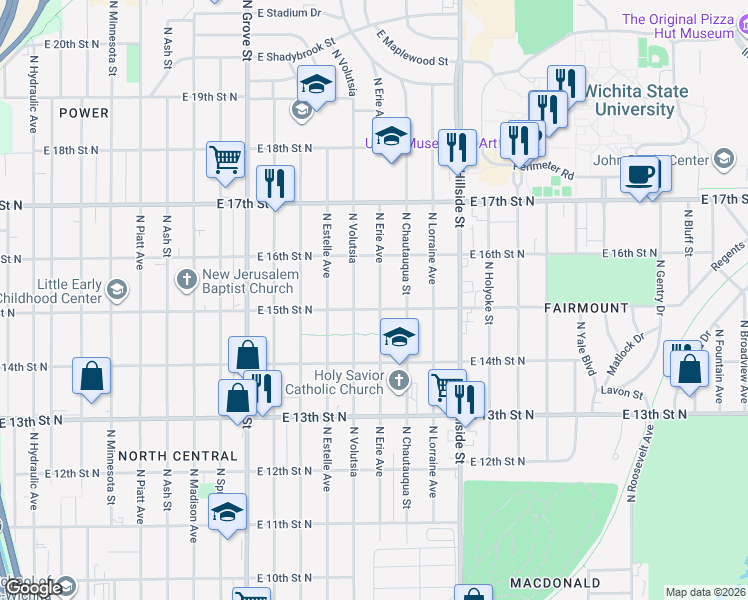 map of restaurants, bars, coffee shops, grocery stores, and more near 1552 North Erie Street in Wichita