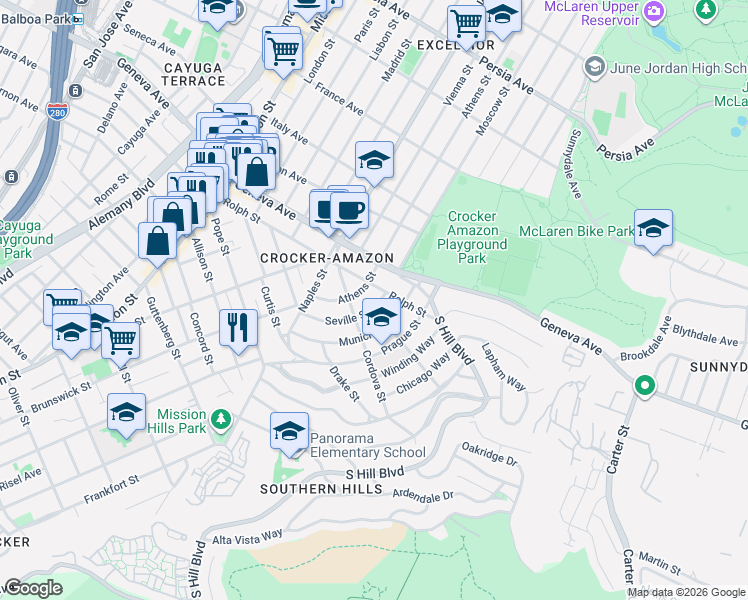 map of restaurants, bars, coffee shops, grocery stores, and more near 1056 Munich Street in San Francisco