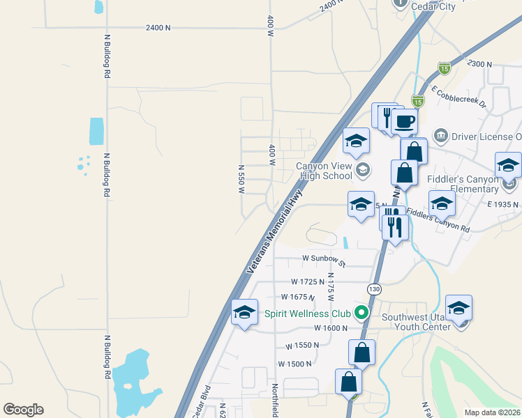 map of restaurants, bars, coffee shops, grocery stores, and more near Veterans Memorial Hwy in Cedar City