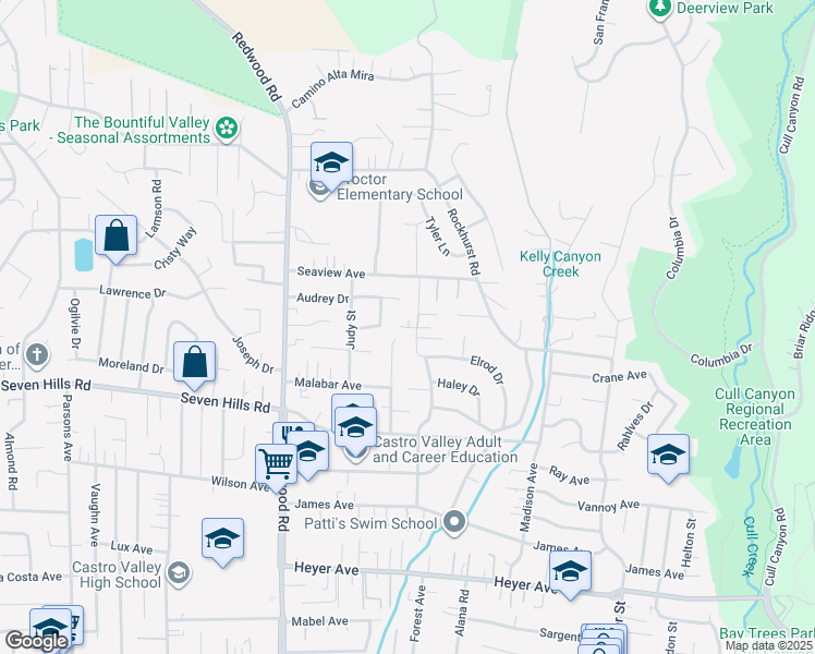 map of restaurants, bars, coffee shops, grocery stores, and more near 4904 Elrod Drive in Castro Valley