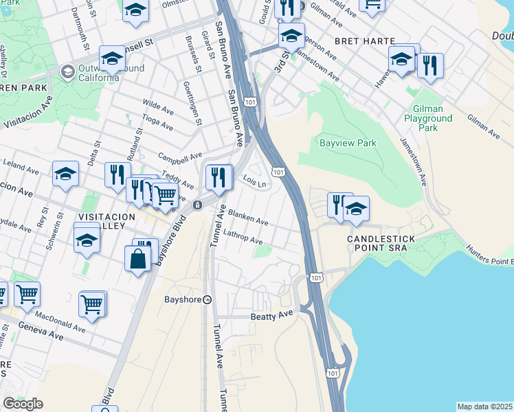 map of restaurants, bars, coffee shops, grocery stores, and more near 300 Blanken Avenue in San Francisco