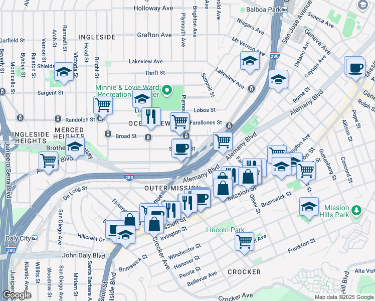 map of restaurants, bars, coffee shops, grocery stores, and more near 2950 San Jose Avenue in San Francisco