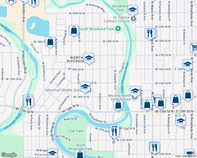 map of restaurants, bars, coffee shops, grocery stores, and more near 1025 West 15th Street North in Wichita