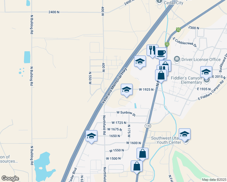 map of restaurants, bars, coffee shops, grocery stores, and more near 166 West 1925 North in Cedar City