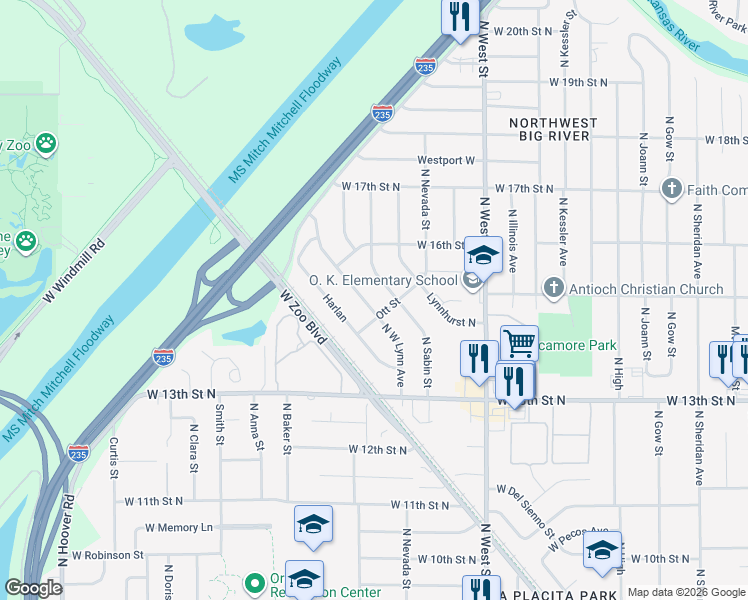 map of restaurants, bars, coffee shops, grocery stores, and more near 1602 N Harlan Ave in Wichita