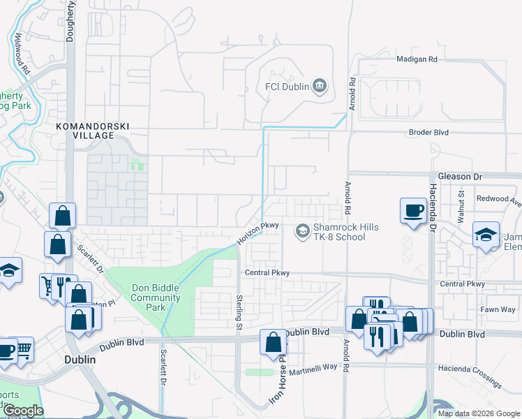 map of restaurants, bars, coffee shops, grocery stores, and more near 6056 Bullion Lane in Dublin