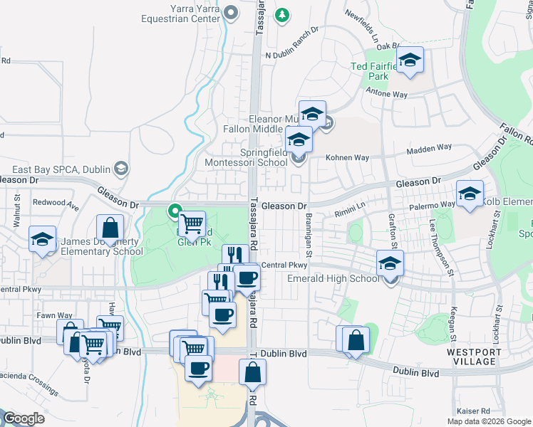 map of restaurants, bars, coffee shops, grocery stores, and more near 104 Tassajara Road in Dublin