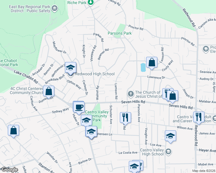 map of restaurants, bars, coffee shops, grocery stores, and more near 18767 Lamson Road in Castro Valley