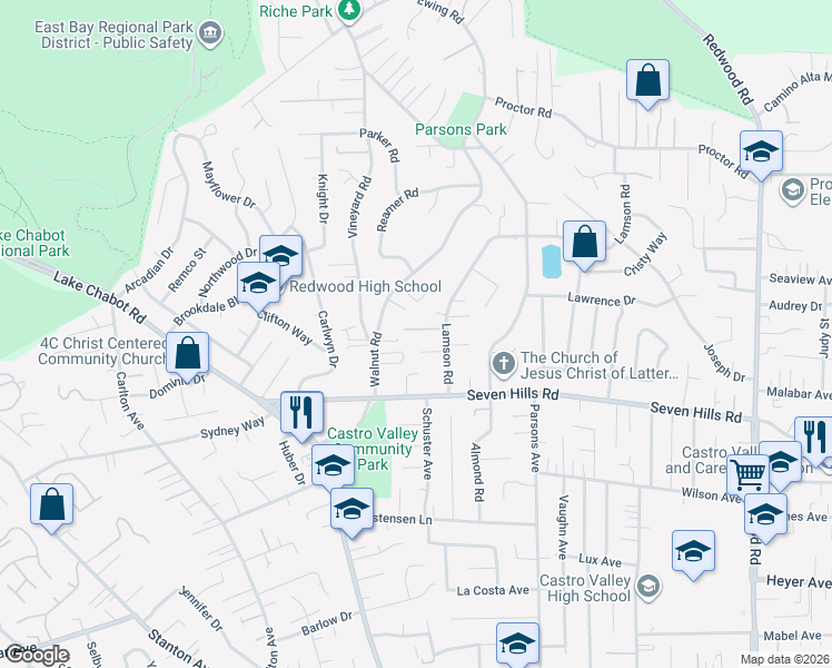 map of restaurants, bars, coffee shops, grocery stores, and more near 18767 Lamson Road in Castro Valley