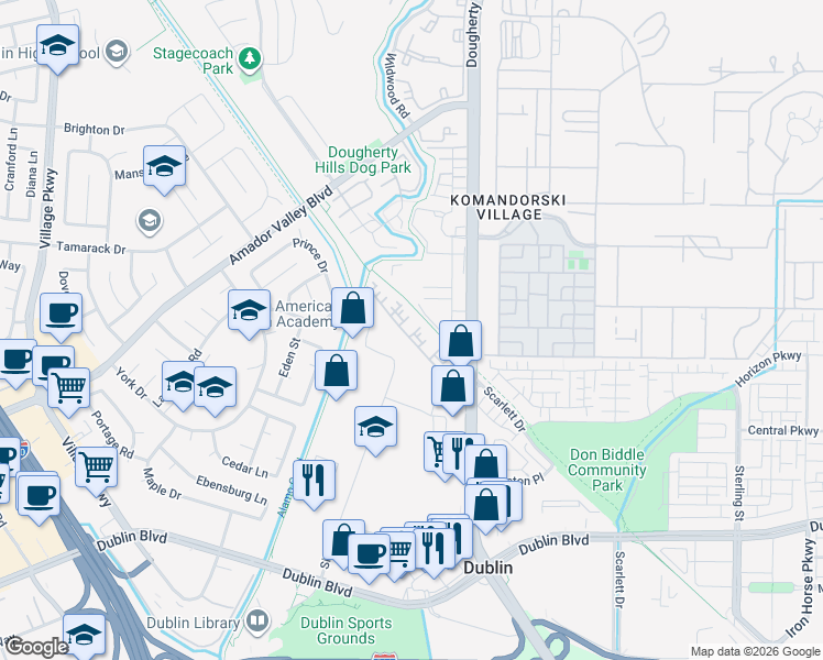 map of restaurants, bars, coffee shops, grocery stores, and more near 6450 Dougherty Road in Dublin