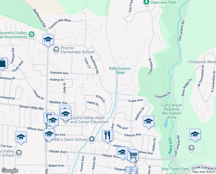 map of restaurants, bars, coffee shops, grocery stores, and more near 18545 Doris Court in Castro Valley