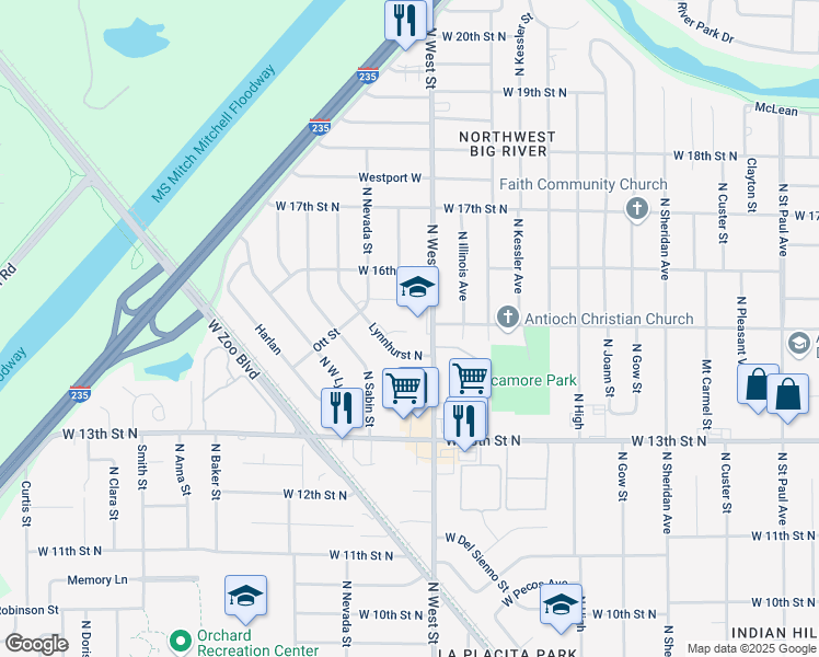 map of restaurants, bars, coffee shops, grocery stores, and more near 1607 North West Street in Wichita