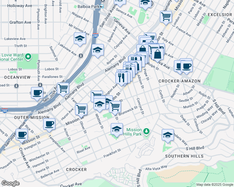 map of restaurants, bars, coffee shops, grocery stores, and more near 26 Foote Avenue in San Francisco