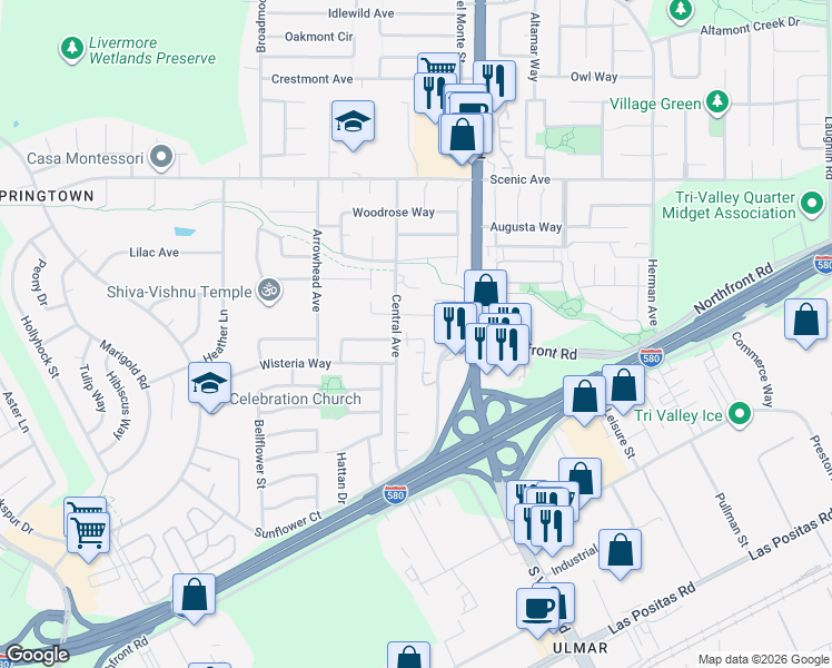 map of restaurants, bars, coffee shops, grocery stores, and more near 5818 Flora Common in Livermore