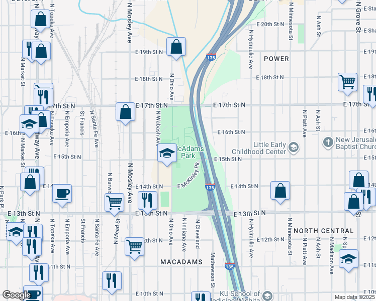 map of restaurants, bars, coffee shops, grocery stores, and more near 1329 East 16th Street North in Wichita