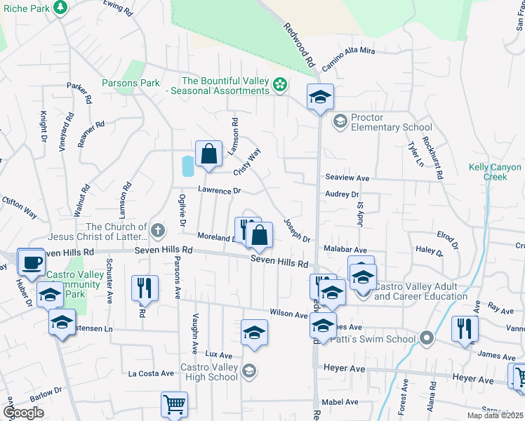 map of restaurants, bars, coffee shops, grocery stores, and more near 4557 Lawrence Drive in Castro Valley