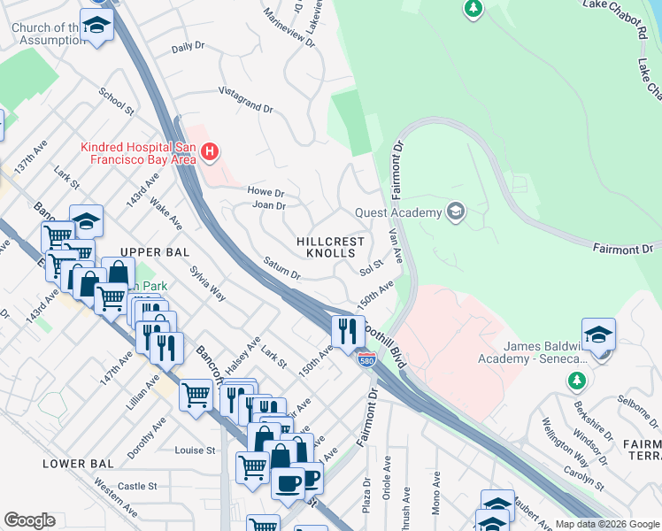 map of restaurants, bars, coffee shops, grocery stores, and more near in San Leandro