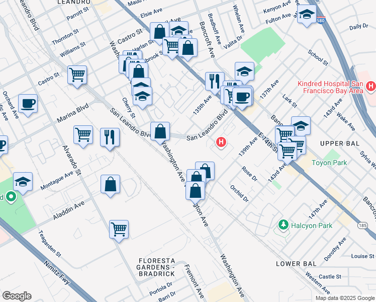 map of restaurants, bars, coffee shops, grocery stores, and more near 2600 San Leandro Boulevard in San Leandro