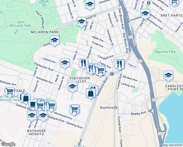 map of restaurants, bars, coffee shops, grocery stores, and more near 142 Raymond Avenue in San Francisco