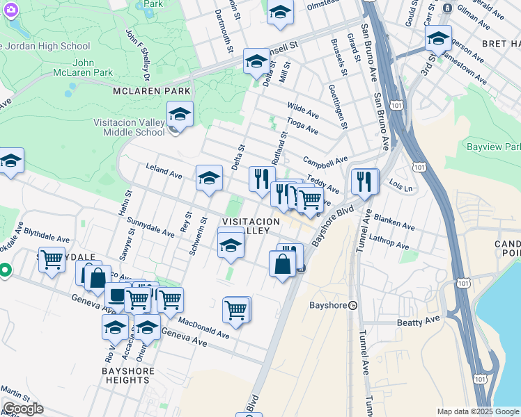 map of restaurants, bars, coffee shops, grocery stores, and more near 213 Raymond Avenue in San Francisco