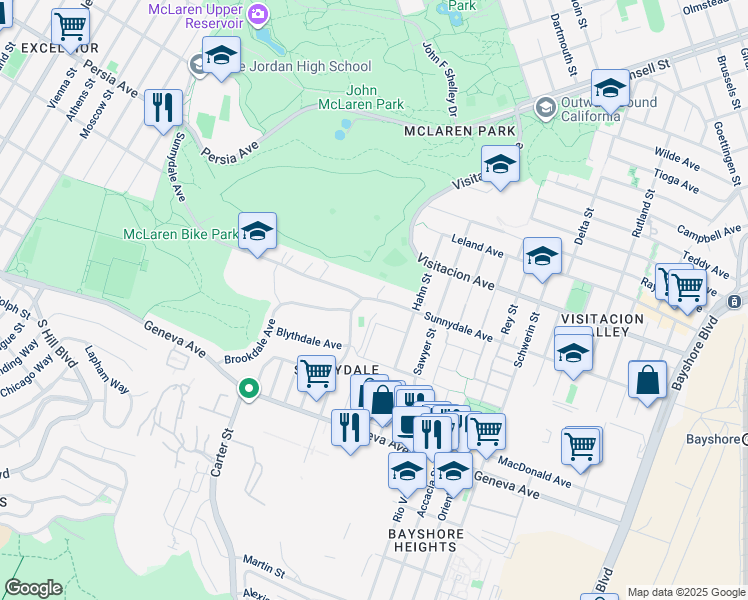 map of restaurants, bars, coffee shops, grocery stores, and more near 1652 Sunnydale Avenue in San Francisco