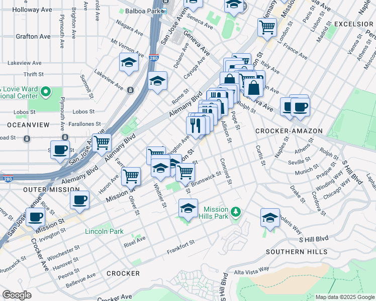 map of restaurants, bars, coffee shops, grocery stores, and more near 26 Foote Avenue in San Francisco