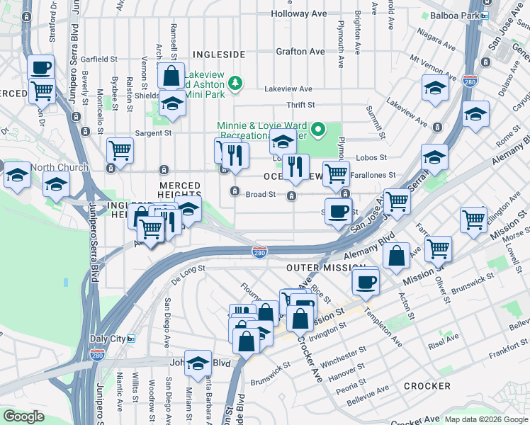 map of restaurants, bars, coffee shops, grocery stores, and more near 269 Broad Street in San Francisco