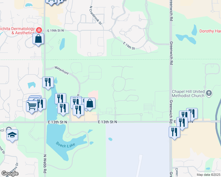 map of restaurants, bars, coffee shops, grocery stores, and more near 1826 North Cranbrook Street in Wichita