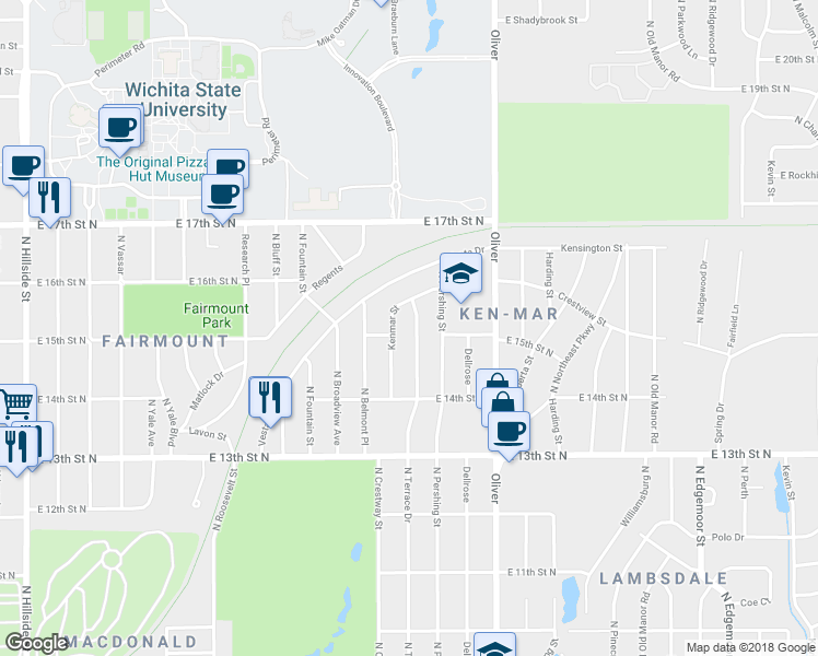 map of restaurants, bars, coffee shops, grocery stores, and more near 1638 Kenmar Street in Wichita