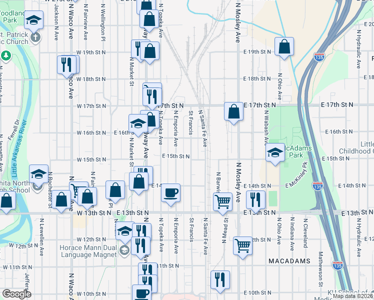 map of restaurants, bars, coffee shops, grocery stores, and more near 1651 Saint Francis in Wichita