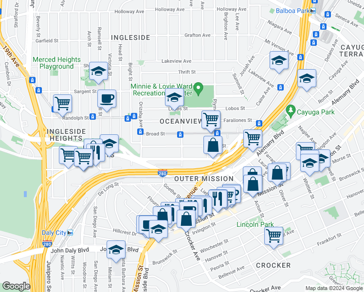 map of restaurants, bars, coffee shops, grocery stores, and more near Capitol Avenue & Sadowa Street in San Francisco