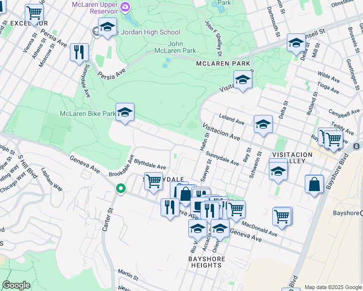 map of restaurants, bars, coffee shops, grocery stores, and more near 1659 Sunnydale Avenue in San Francisco