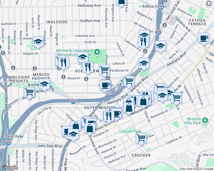 map of restaurants, bars, coffee shops, grocery stores, and more near Plymouth Ave & Sadowa St in San Francisco