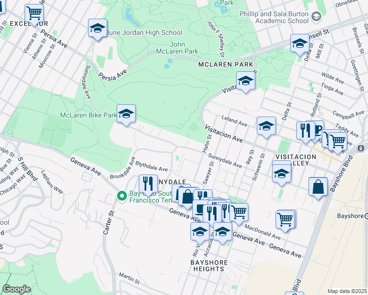 map of restaurants, bars, coffee shops, grocery stores, and more near 1652 Sunnydale Ave in San Francisco