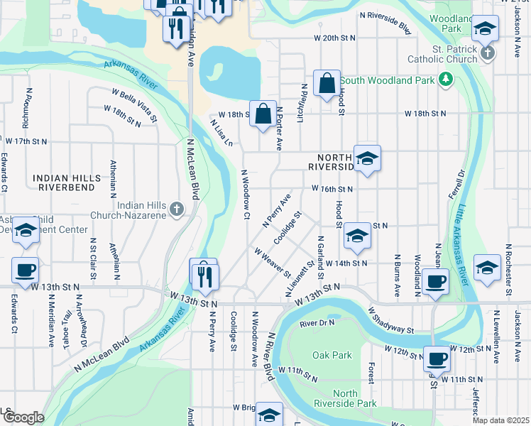 map of restaurants, bars, coffee shops, grocery stores, and more near 1001 North Porter Street in Wichita