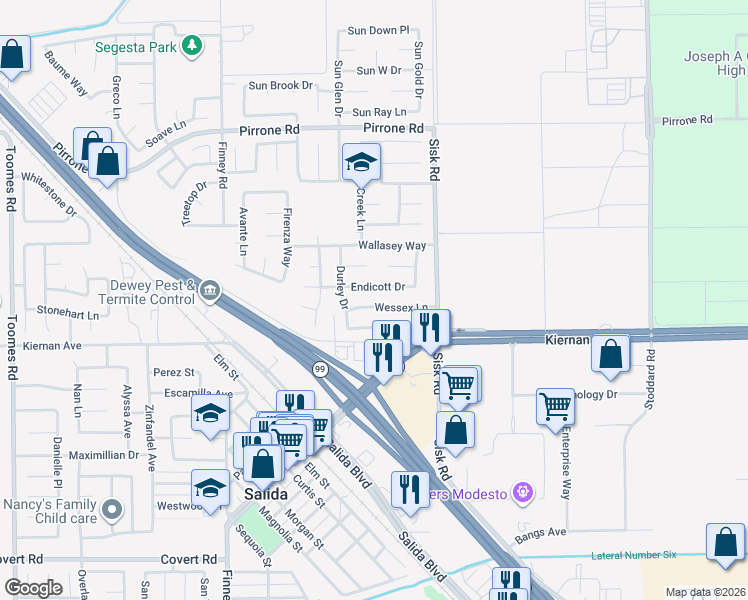 map of restaurants, bars, coffee shops, grocery stores, and more near 4601 Endicott Drive in Salida