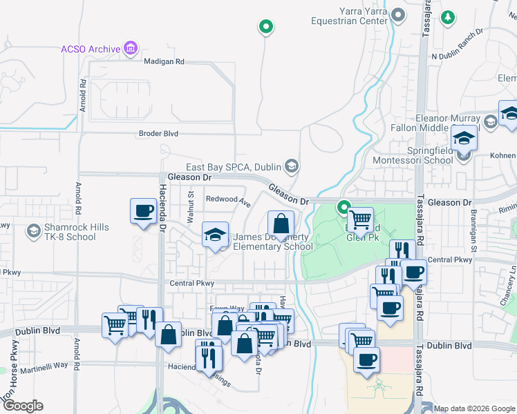 map of restaurants, bars, coffee shops, grocery stores, and more near 5573 Asterwood Drive in Dublin