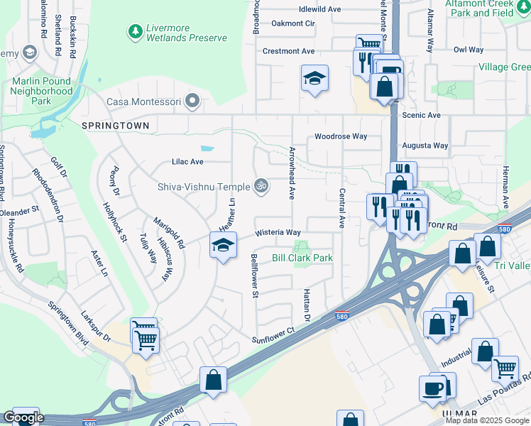 map of restaurants, bars, coffee shops, grocery stores, and more near 1232 Arrowhead Avenue in Livermore