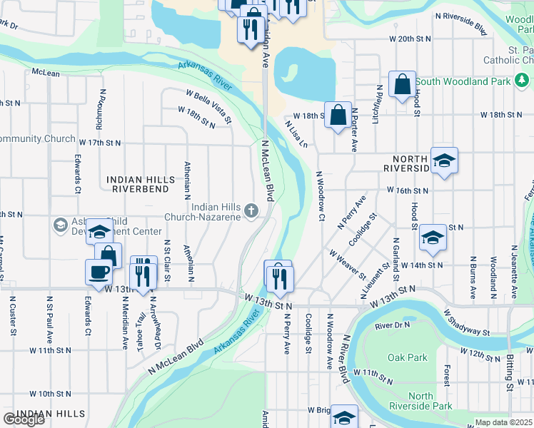 map of restaurants, bars, coffee shops, grocery stores, and more near 1616 North Charles Avenue in Wichita