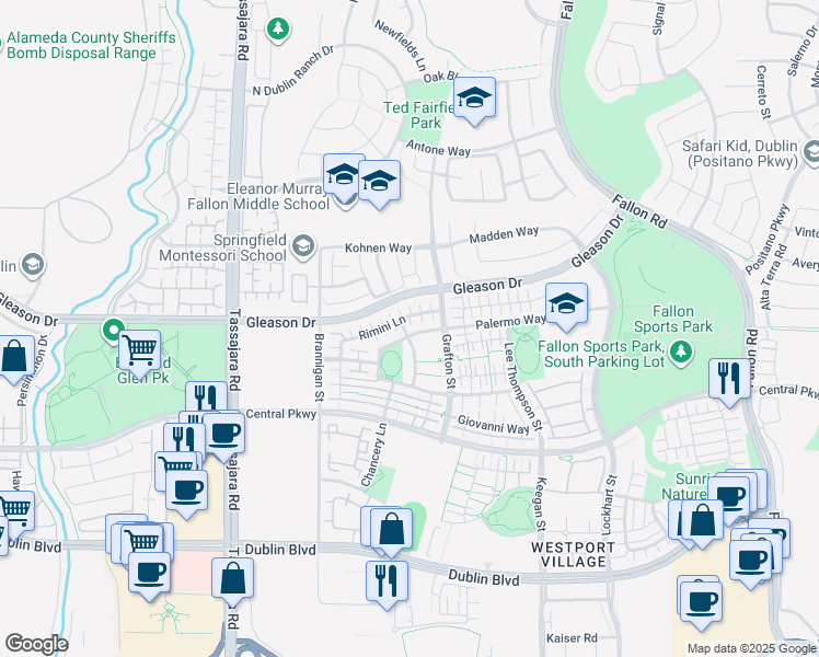 map of restaurants, bars, coffee shops, grocery stores, and more near 3539 Palermo Way in Dublin