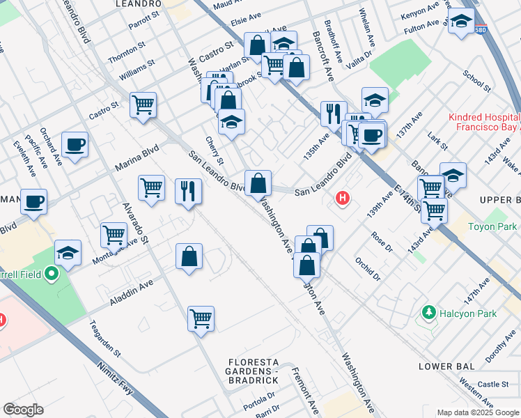 map of restaurants, bars, coffee shops, grocery stores, and more near 2480 Washington Avenue in San Leandro
