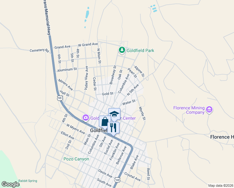 map of restaurants, bars, coffee shops, grocery stores, and more near Broadway Street in Goldfield
