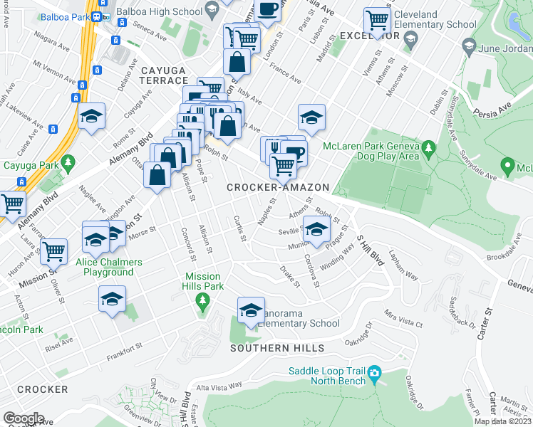 map of restaurants, bars, coffee shops, grocery stores, and more near Naples St & Athens St in San Francisco