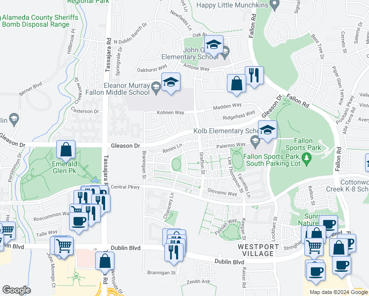 map of restaurants, bars, coffee shops, grocery stores, and more near 3539 Palermo Way in Dublin