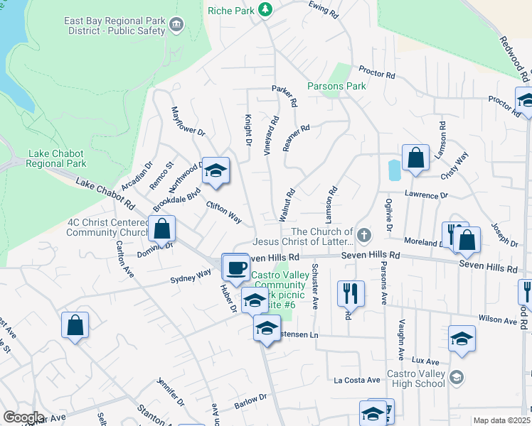 map of restaurants, bars, coffee shops, grocery stores, and more near 18787 Vineyard Road in Castro Valley