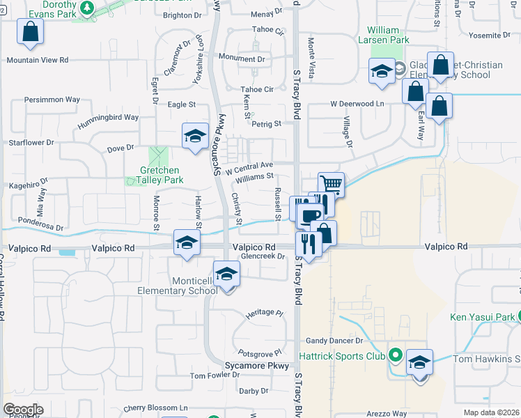 map of restaurants, bars, coffee shops, grocery stores, and more near 766 Hemmingway Court in Tracy