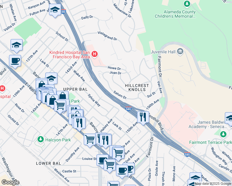 map of restaurants, bars, coffee shops, grocery stores, and more near 14652 Saturn Drive in San Leandro